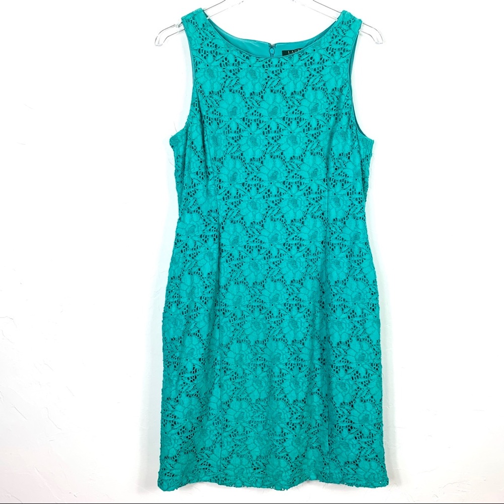 RALPH LAUREN Teal Turquoise Lace Sheath Dress 12P